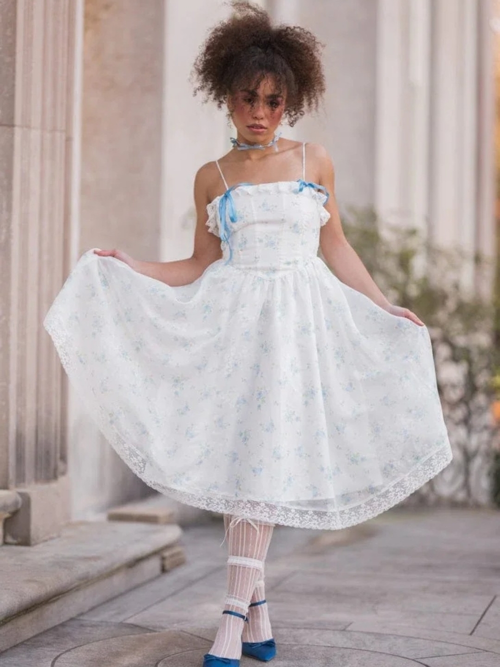 Coquette Dress White Floral Lace Sundress with Blue Accents M
